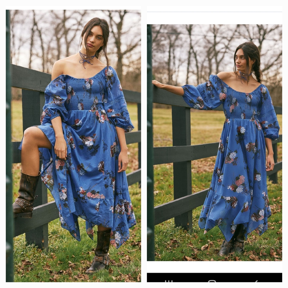 Morning Glory Free People Blue Floral Long Sleeve Maxi Dress